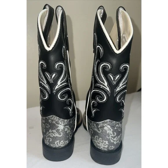 OLD WEST KIDS SQUARE TOE BLACK METALLIC SILVER BOOTS SIZE 11 - Picture 4 of 14